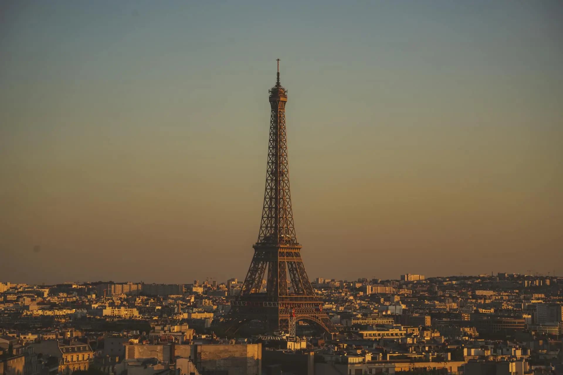 Paris skyline with Eiffel Tower at sunset